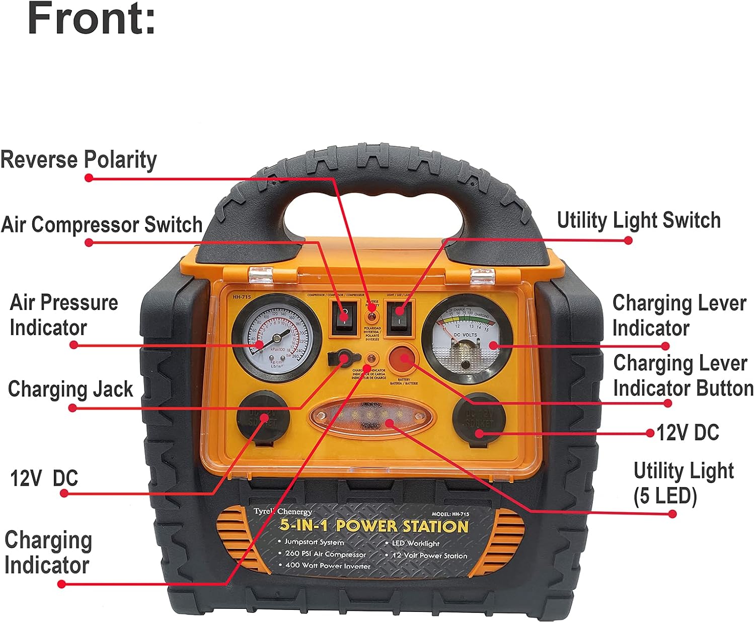 Portable Car Jump Starter 1400 Amp High Performance Power Station with Double AC 110 Volt Inverter Outlets 400W, 260 PSI Air Compressor, Double DC Sockets 12V/11A, 5V/2.1A USB Ports