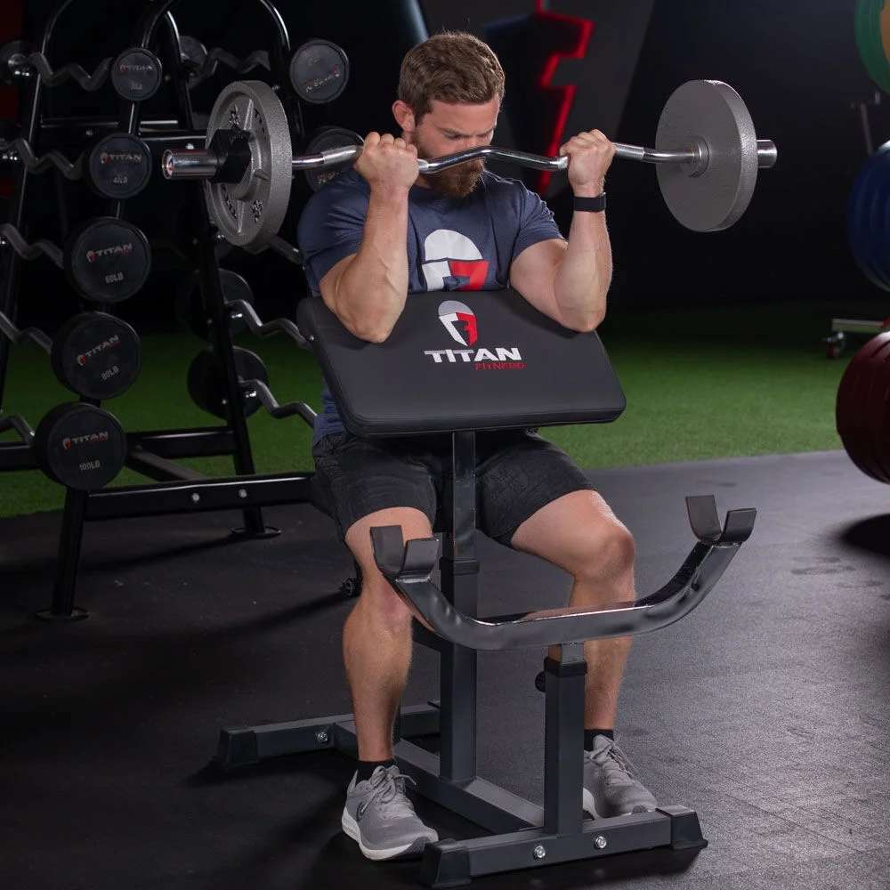 Titan Fitness Adjustable Arm Preacher Curl Weight Station, Seated Strength Training Fitness Bench, Rated 250 LB, Isolated Barbell Dumbbell Bicep Tricep Muscle Home Gym Fitness Equipment