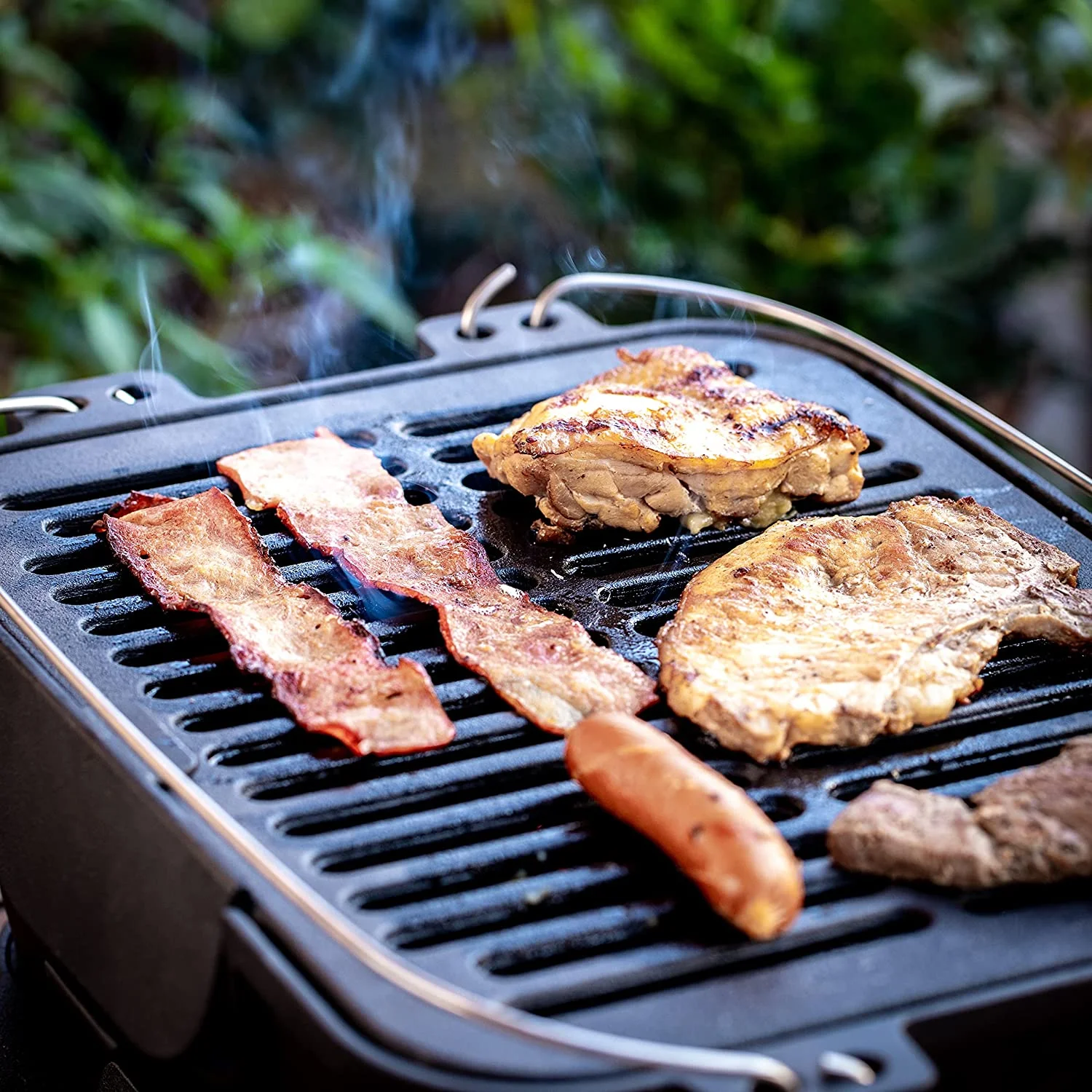 Bruntmor Pre-Seasoned Hibachi-Style Portable Cast Iron Charcoal Rectangle BBQ Grill, 14" x 12" Grilling Surface