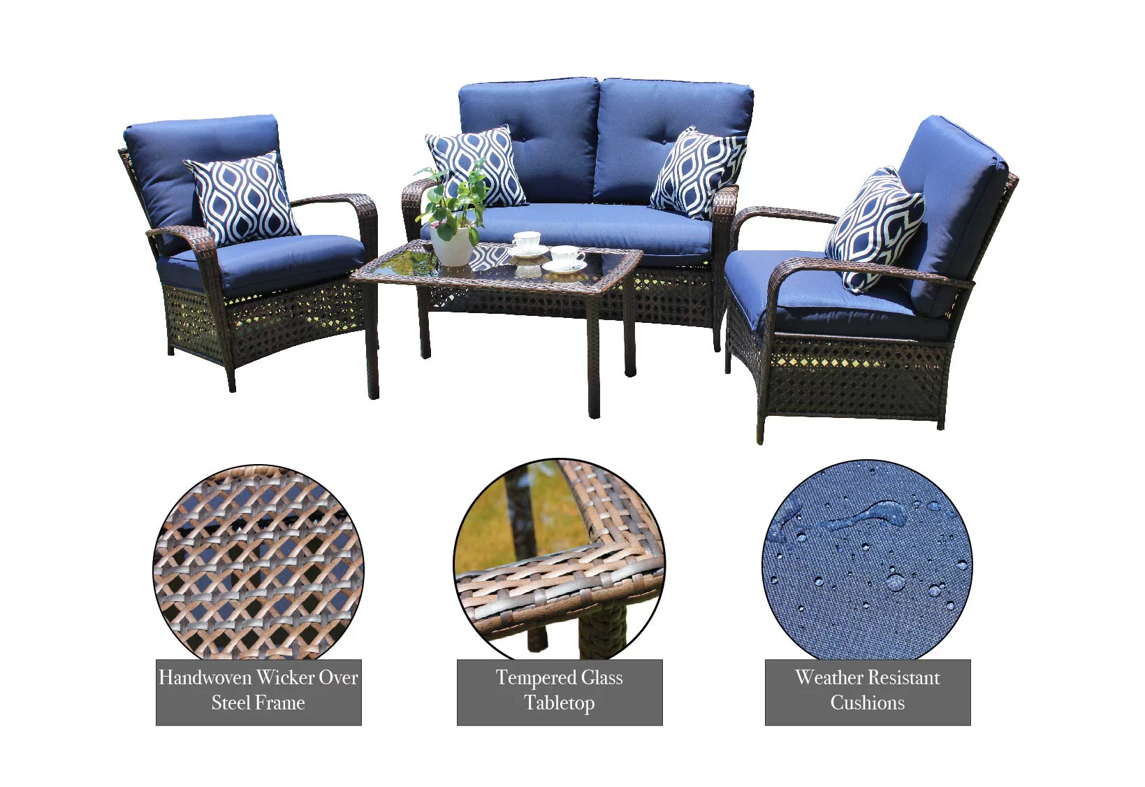 Belle Patio Amber 4 Piece Wicker Outdoor Patio Furniture Conversation Set with 4 Seats, Tempered Glass Table Top, Navy Cushions
