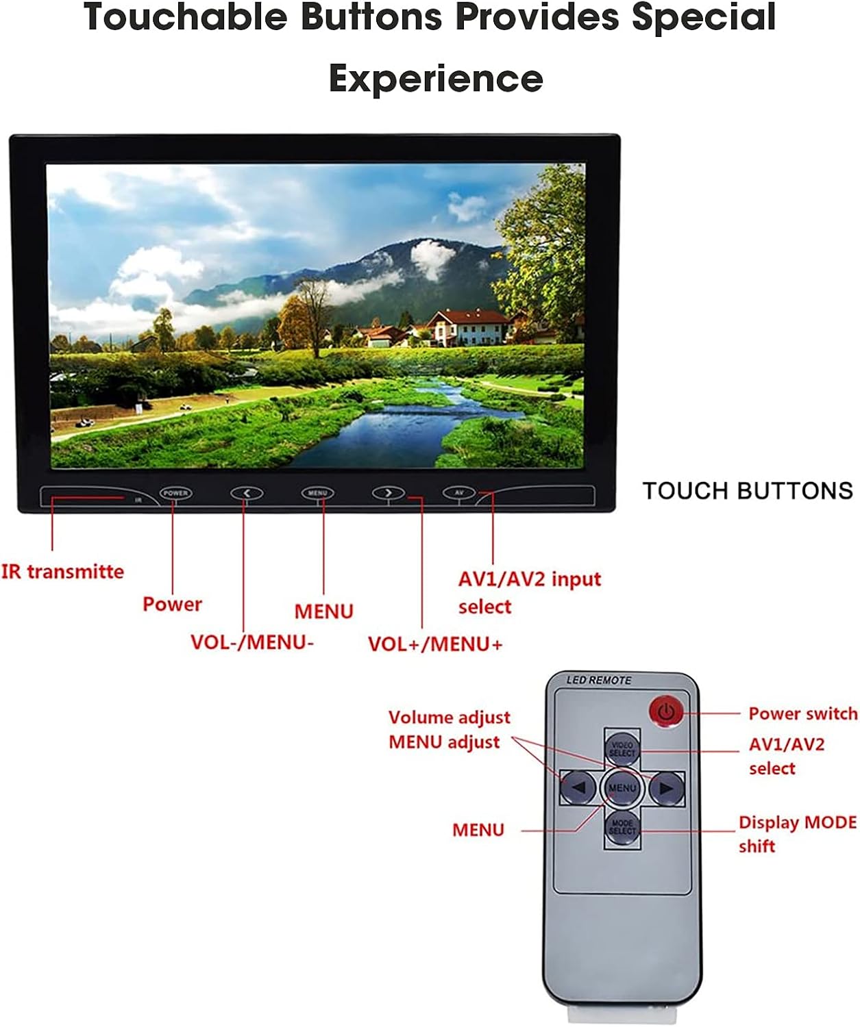 Topiacam 10.1 Inch Ultra-Thin Security CCTV Computer Monitor 1024x600 Resolution Touch Buttons Video and Audio LED Color Display Screen AV/VGA/HDMI Input with Remote Control