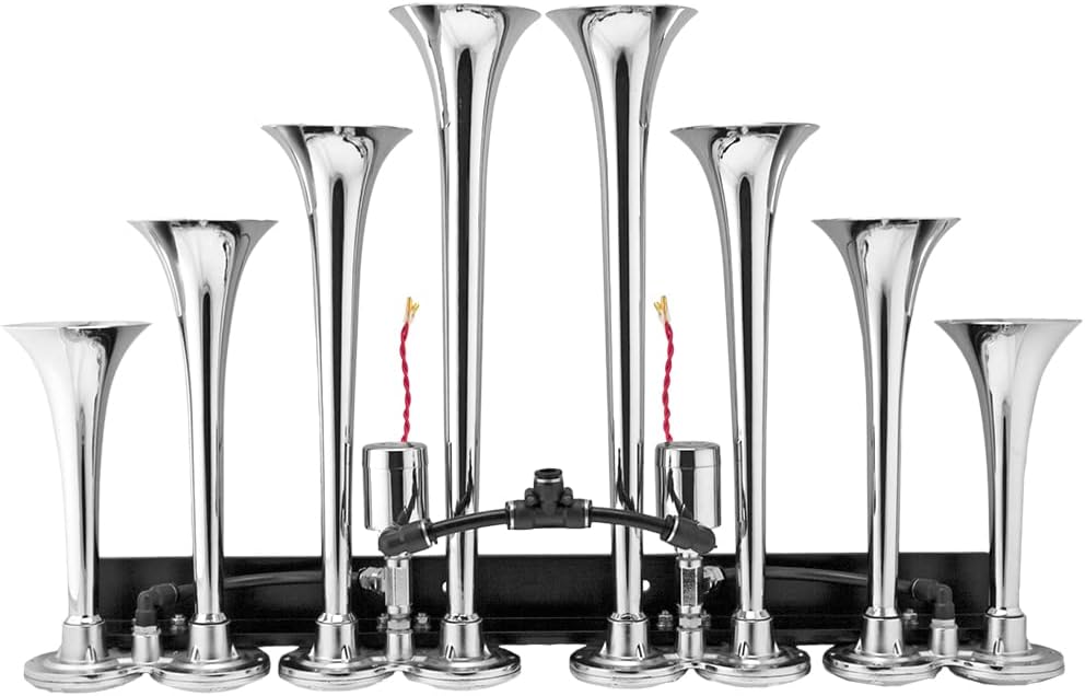Vixen Horns Octopod Train Horn Kit for Trucks/Car/Semi.Complete Onboard System-Dual 200psi Air Compressor,5 Gallon Tank,8 Trumpets.Super Loud dB.Fits Vehicles Like Pickup/Jeep/RV 12v VXO8350DP/8124XC