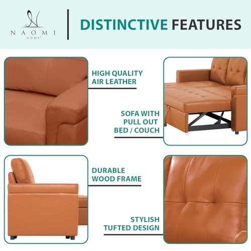 Naomi Home Jenny Sectional Sofa Sleeper with Storage Chaise, Tufted Pull Out Couch with Storage, L-Shaped Reversible Sleeper Sofa with Storage, Black,Air Leather