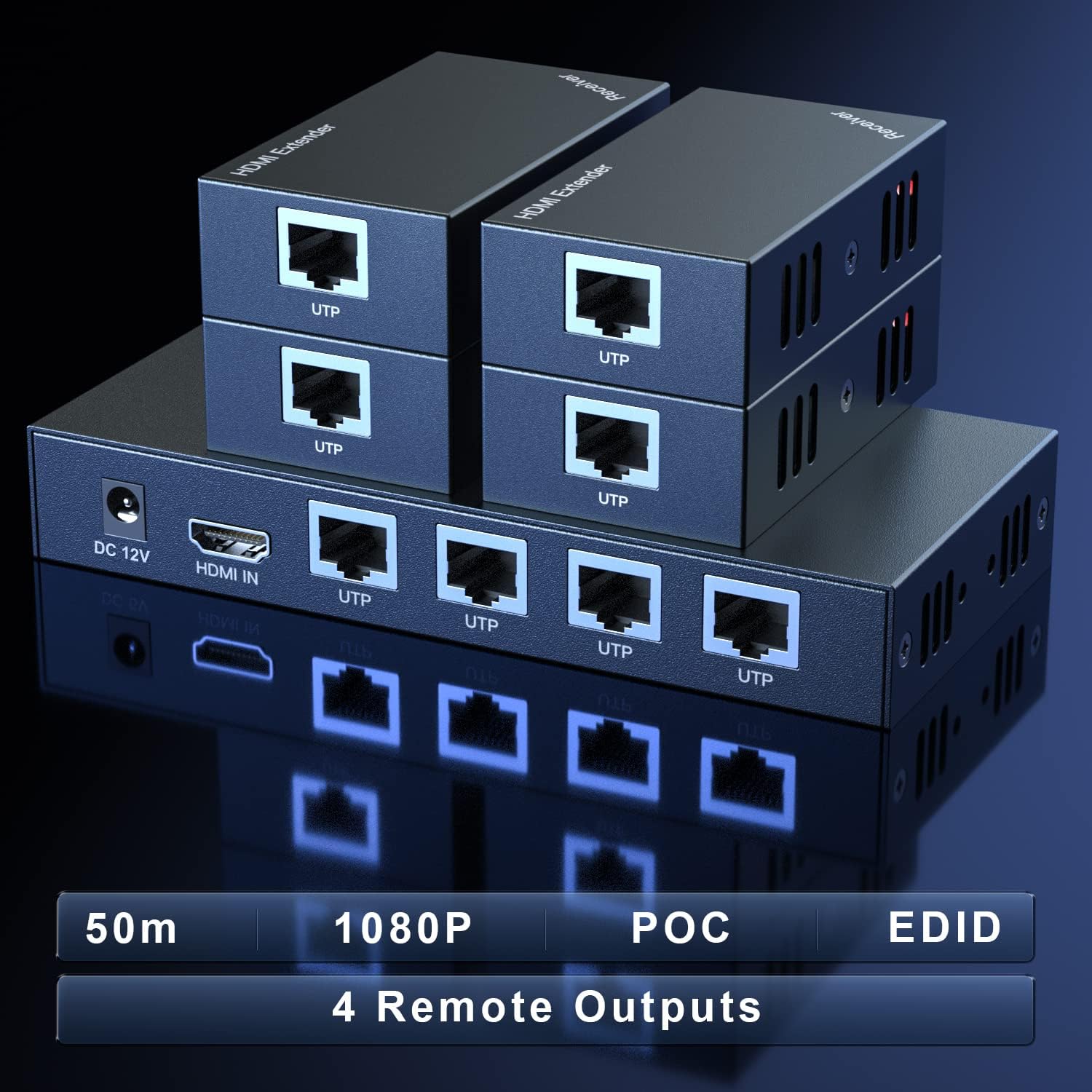 HDMI Extender Splitter 1x2 1080P@60Hz Over Cat 5E/6/7 Ethernet Cable 50m (165ft) Support 2 HDMI loopout EDID Copy POC Function (1 in 2 Out)