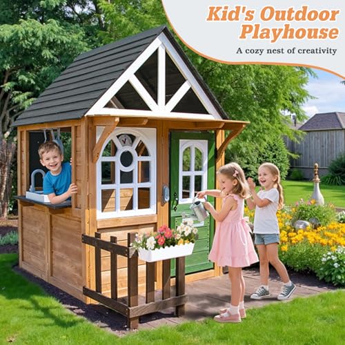 Kids Outdoor Playhouse,Cedar Gray Wooden Play House for Kids Ages 3-8, with Play Kitchen, Interactive Doorbell, Toy Phone, Sink, Flowerpot