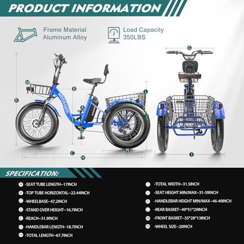 Electric Tricycle for Adults, 20" x 4" Fat Tire Electric Trike, 48V 500W Motorized Electric Bicycle Bikes, 3 Wheels 7 Speed Ebike with Removable Battery, Aluminum Frame & Large Basket