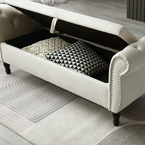 63" Button Tufted Velvet Upholstered Bench & Ottoman W/Storage for Bedroom End of Bed Home Entryway Living Space, Soft Padded Footstool w/Nailhead Decor and Pillow, Grey V