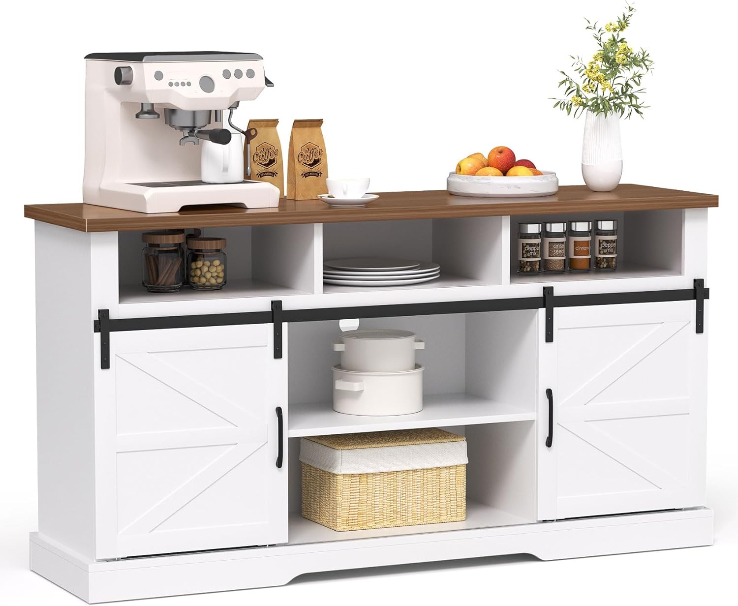 Farmhouse Coffee Bar, 58”Coffee Bar Cabinet with Sliding Barn Door and Adjustable Shelf, Kitchen Buffet Cabinet with Storage for Kitchen, Dining Room, Living Room, White