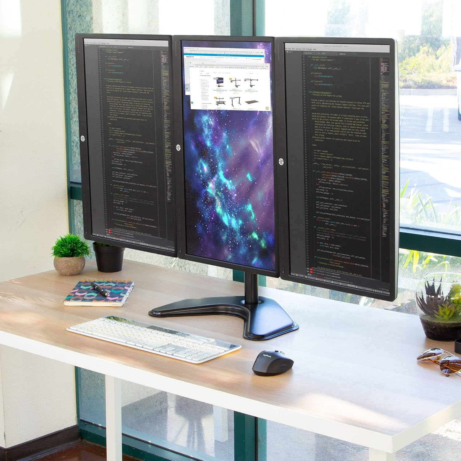 Mount-It! Triple Monitor Stand - Freestanding Computer Desk Mount Fits Up to 27 Inch Monitors, VESA 75, 100 Compatible Pack of 2