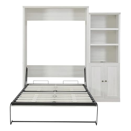 Murphy Bed,Cabinet Bed Folding Wall Bed,Queen Size Murphy Wall Bed with 1 Side Cabinet Storage Shelf,Cabinet Space-Saving Bed Perfect for Guest Room,Bed Room,Guest Room,Home Office (Rustic White-03)