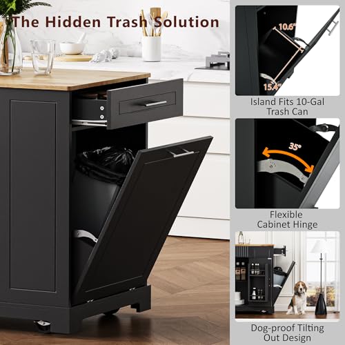 60" Kitchen Island with Drop Leaf and Power Outlet, Rolling Kitchen Cart on Wheels with Trash Can Storage Cabinet, Spice Rack, Towel Rack and Adjustable Shelf for Dining Room