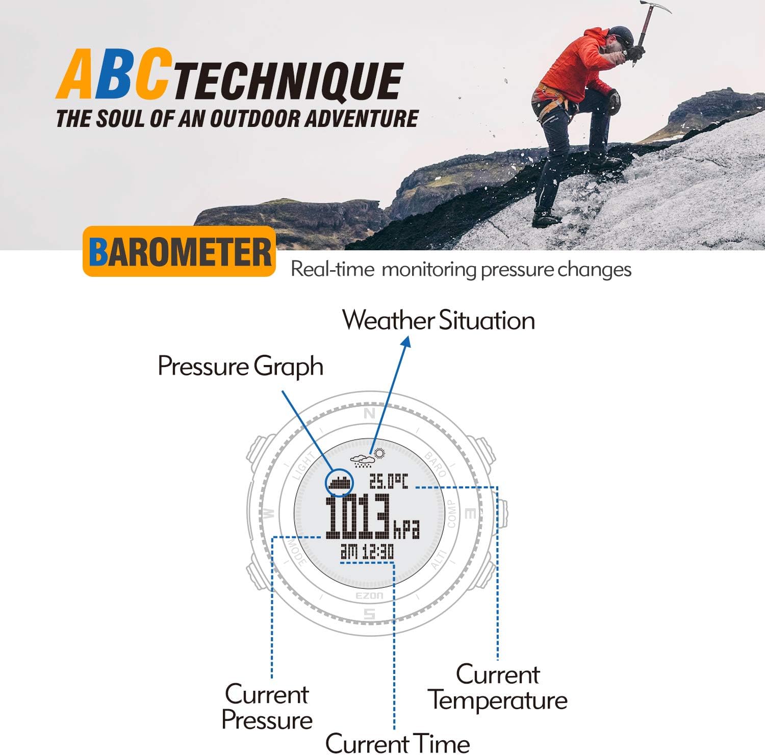 EZON Digital Watch Altimeter Barometer Compass Climbing Trekking Camping Sport Waterproof Military Watch Outdoor Hiking Watch H001H13