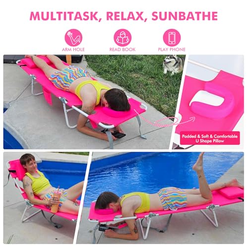 Backpack Beach Tanning Chair with Face Hole Sun Canopy Umbrella, Folding Lounge Chair Reclining 6 Position for Adults Outside Sunbathing Reading Poolside Camping, UPF 50+ Sun Shade, 2 Pack