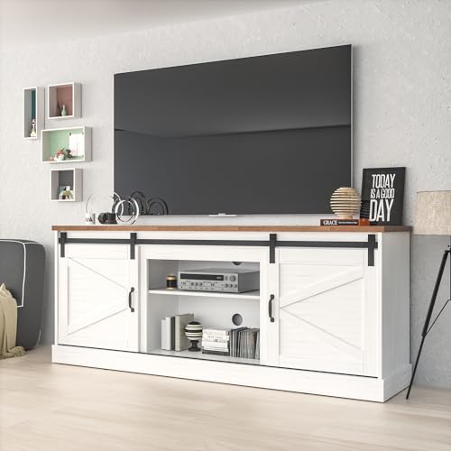 Farmhouse TV Stand with Fireplace for 70" TV, Sliding Barn Door Entertainment Center w/24 Electric Fireplace with Remote Control, TV Cabinet Storage Shelves for Living Room, White