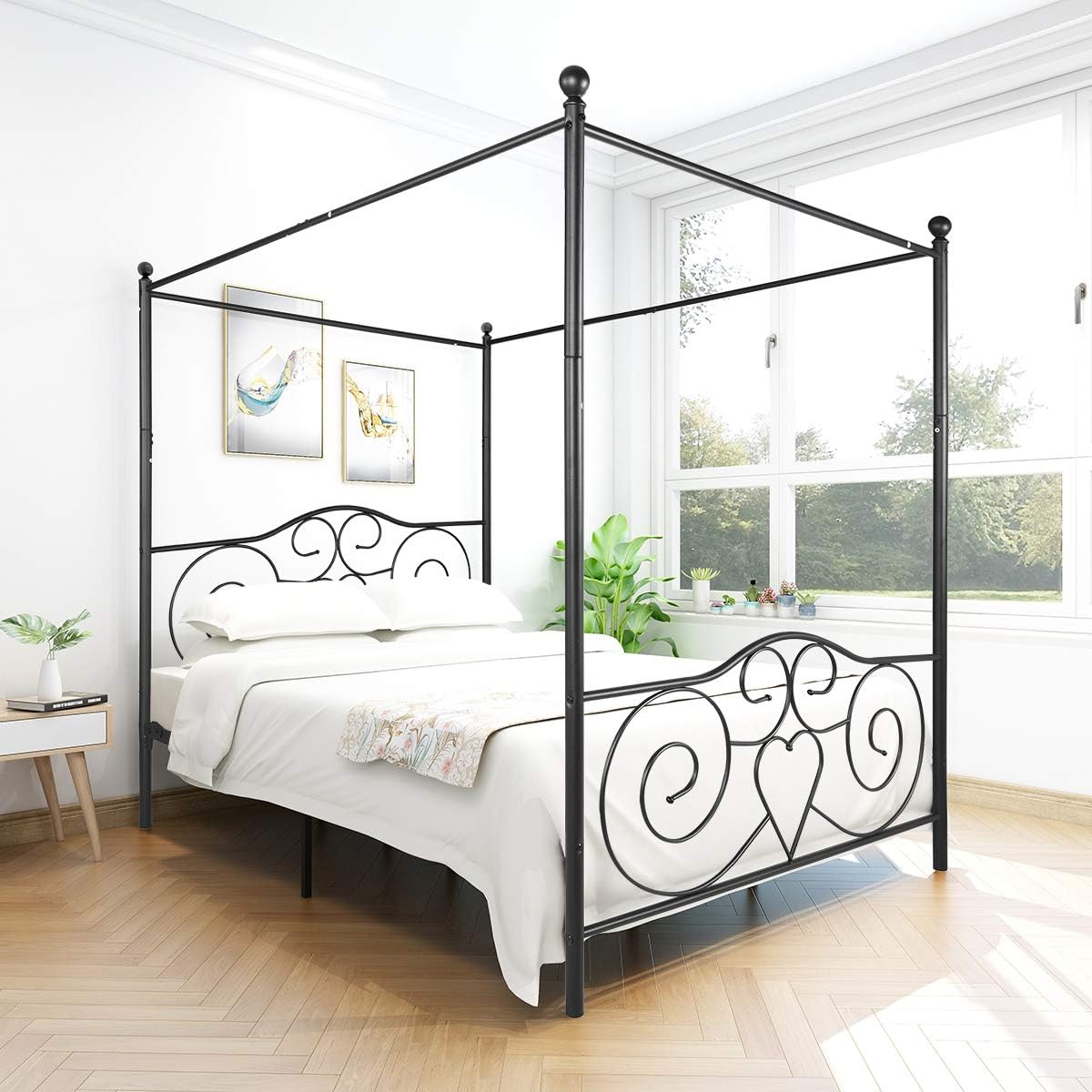 Bed Frame Elegant Metal Canopy Bed Frame with Vintage Style Headboard & Footboard - Easy DIY Assembly Included - Queen Black