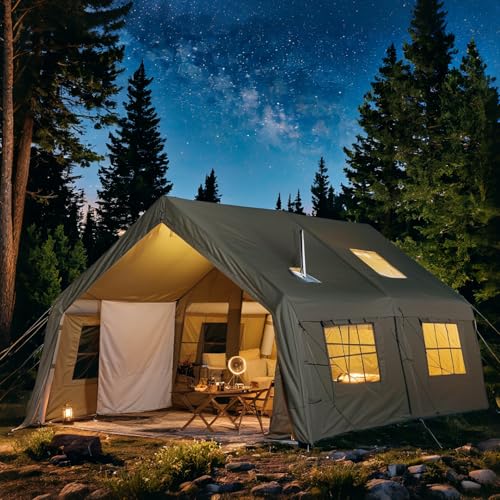 YOLENY Inflatable Tents for Camping, 4/6/8/10/12 Person Tent with TPU Skylight, Mesh Windows, Stove Jack & Pump, Easy Setup 4 Season Glamping Tent, Waterproof & Windproof