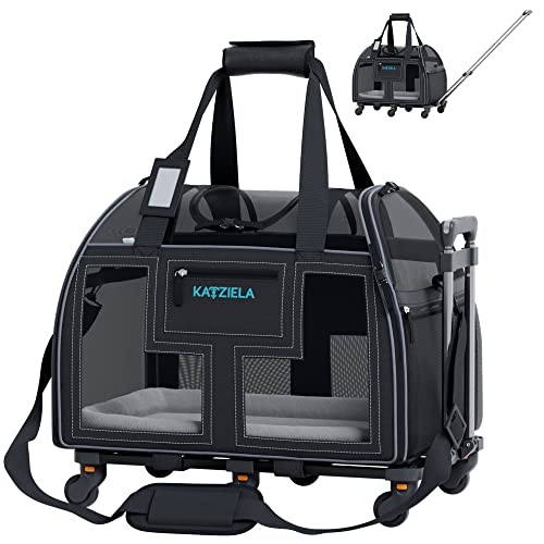 Airline Compliant Pet Carrier - Rolling Portable Travel Carry Crate for Small Dog, Puppy or Cat - Soft Removable Wheeled Design with Mesh Window Sides - Airplane and TSA Compliant- by Katziela