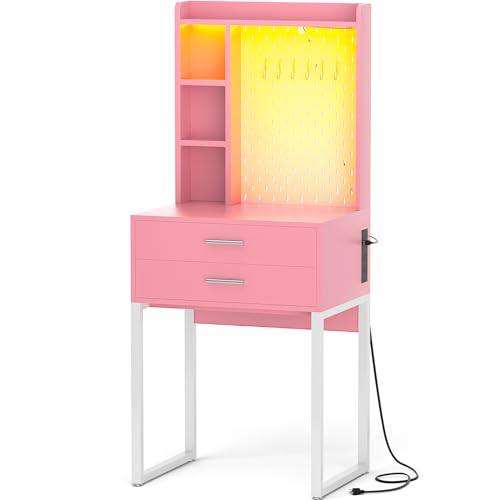 Small Vanity Desk with Hutch and Drawers, Pink Makeup Vanity Desk with Charging Station, Vanity Table Dressing Table with LED Lights, Vanity Desk No Mirror with Pegboard for Girls Women, 24"