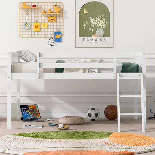 Full Size Wood Low Loft Bed with Convertible Ladder, Solid Wood Bed Frame with Safety Guardrail, 350 lbs Weight Capacity, No Box Spring Required, for Girl Boy Kid Bedroom (Gray-072)