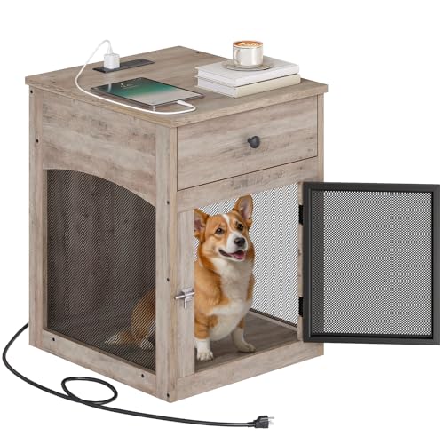 HOOBRO Dog Crate Furniture, Dog Kennel with Drawer and Charging Station, Indoor Decorative Puppy House, Wooden Pet Crate End Table for Small Dogs, Rustic Brown and Black BF58UGW03G1