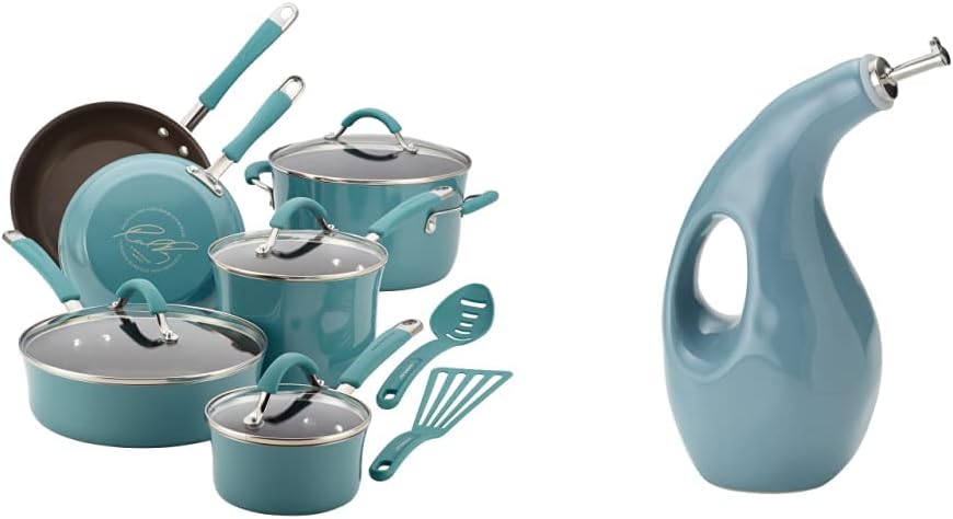 Rachael Ray Cucina Nonstick Cookware Pots and Pans Set, 12 Piece, Agave Blue