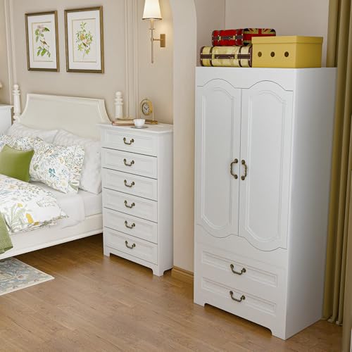 Luxurious 2 Door Wardrobe with 2 Drawer,White Vintage Armoire with Clothing Rod,67" Tall Wooden Closet Wardrobe Cabinet for Bedroom (White)