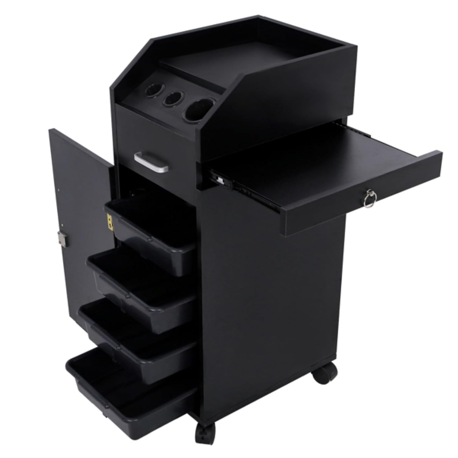 Beauty Hair Salon Trolley Storage Cart with 4 Drawers, 3 Hair Dryer Holder and Space-Saving Side Tray, Stylist SPA Beauty Hairdressing Equipment with Lockable Rolling Wheels, Black