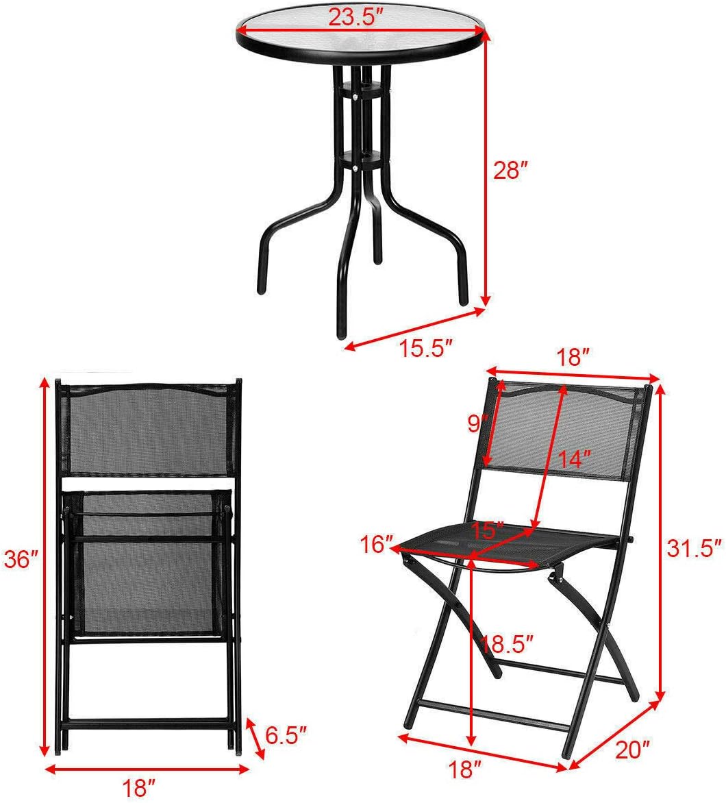 Bistro Set 3 Pcs. Round Table Tempered Glass Folding Chairs Sturdy Durable, Garden Backyard Patio Outdoor Furniture