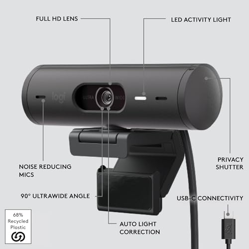 Logitech Brio 500 Full HD Webcam with Auto Light Correction,Show Mode, Dual Noise Reduction Mics, Webcam Privacy Cover, Works with Microsoft Teams, Google Meet, Zoom, USB-C Cable - Rose