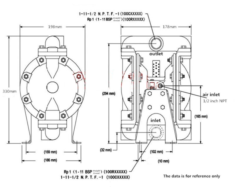 Air Operated Double Diaphragm Pump 1inch 35GPM Diaphragm Optional for Industrial