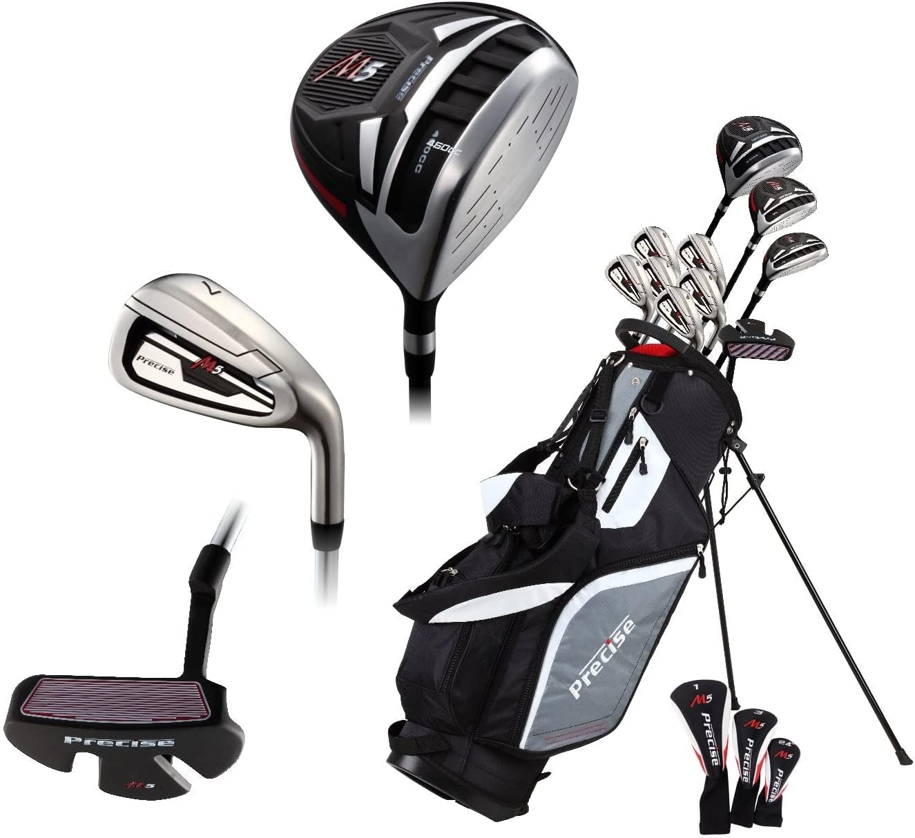 Precise M5 Men's Complete Golf Clubs Package Set Includes Titanium Driver, S.S. Fairway, S.S. Hybrid, S.S. 5-PW Irons, Putter, Stand Bag, 3 H/C's (Left Hand Tall Size +1")