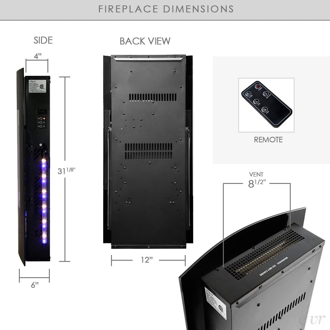 Clevr 32" Vertical Wall Mounted Electric Fireplace Heater, with Adjustable Flame and Back Light Colors, Modern Black Electric Heater with Decorative Crystals, with Remote Control, 750-1500W