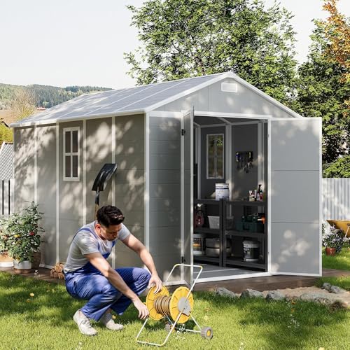 UDPATIO Outdoor Storage Shed 6 x 6 FT, Resin Garden Sheds with Floor Plastic Patio Outdoor Storage Shed with Lockable Door for Tool, Bike, Garbage Gray White