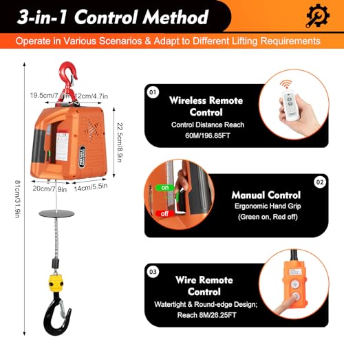 Portable Electric Hoist Winch 440Lbs 3-in-1 Electric Winch with Manual, Wire and Wireless Remote Control 1500W 110V Electric Hoist Lifting Speed: 5m(16ft)/min (440Lbs)