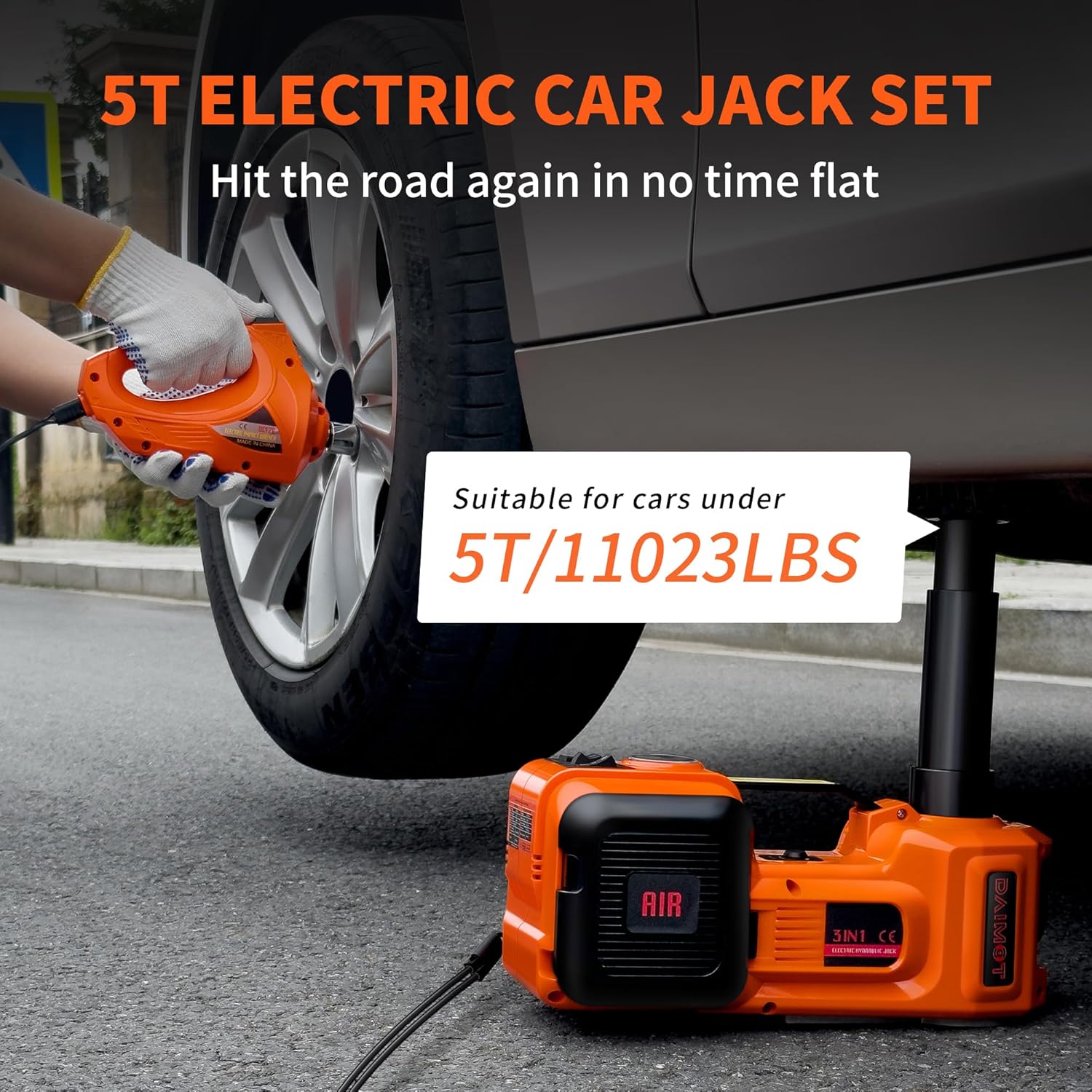 12IN1 Electric Car Jack 5 Ton - 11023 LBS Floor Jack Lift, Attachment Included Impact Wrench, Built-in Inflatable Pump, and LED Light, Garage Repair Car Tires Change for SUV MPV Sedan Truck