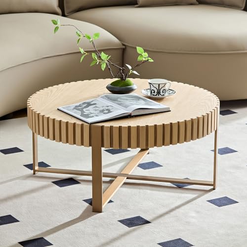 31.5'' Round Coffee Table, Modern Coffee Table Circle Solid Wood Coffee Table with Stainless Steel Gold Legs, Romanesque Small Center Table for Living Room Office Apartment (Walnut)