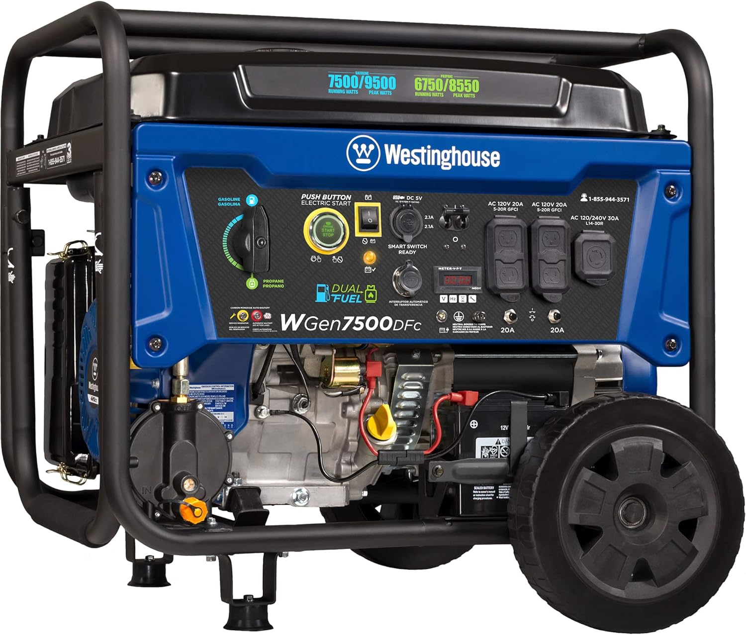 Westinghouse Outdoor Power Equipment WGen7500 Portable Generator with Remote Electric Start 7500 Rated Watts & 9500 Peak Watts, Gas Powered, CARB Compliant, Transfer Switch Ready