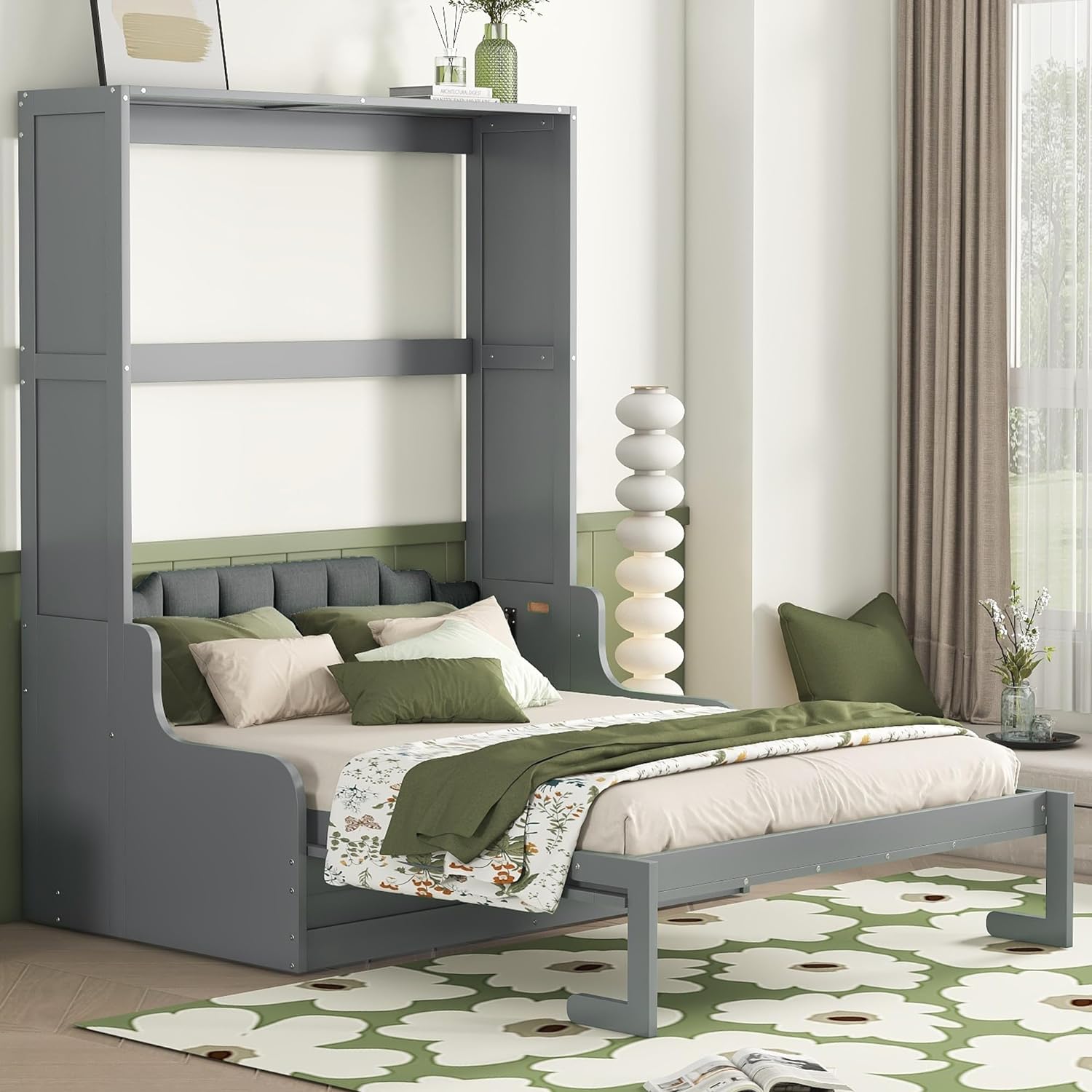 Queen Size Murphy Bed Chest with Upholstered Headboard, Solid Wood 87 "H Murphy Wall Bed Cabinet Bed with Cushion Seat for Guest Room Home Office, Space-Saving Design (Gray)