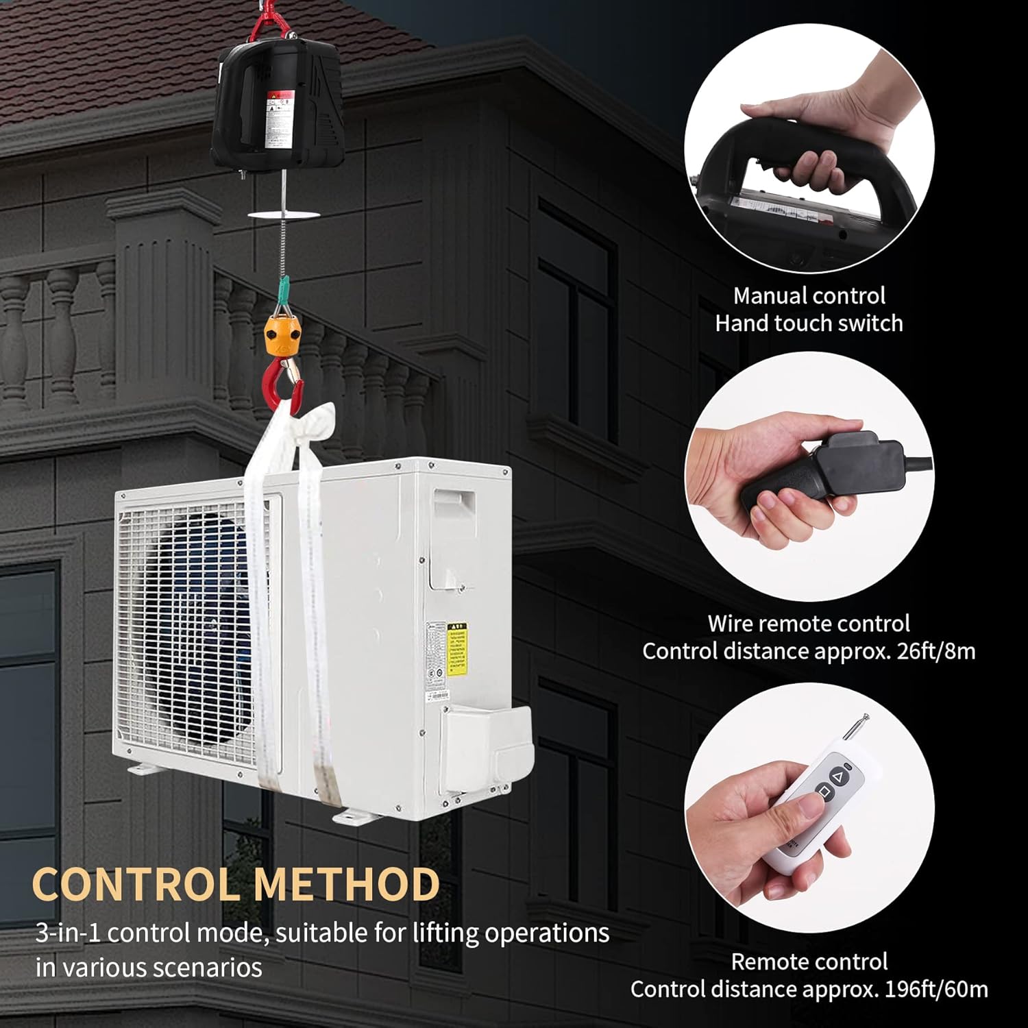 Portable 3-in-1 Electric Hoist Winch 1100 LBS, 110V 1500W Electric Winch 25ft Towing Distance with Wire&Wireless Remote Control Powerful Electric Hoist