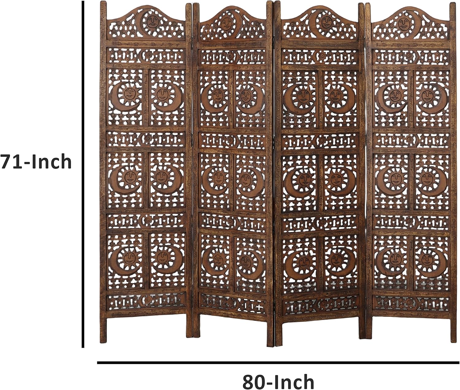 Hand Carved Sun and Moon Design Foldable 4 Panel Wooden Room Divider