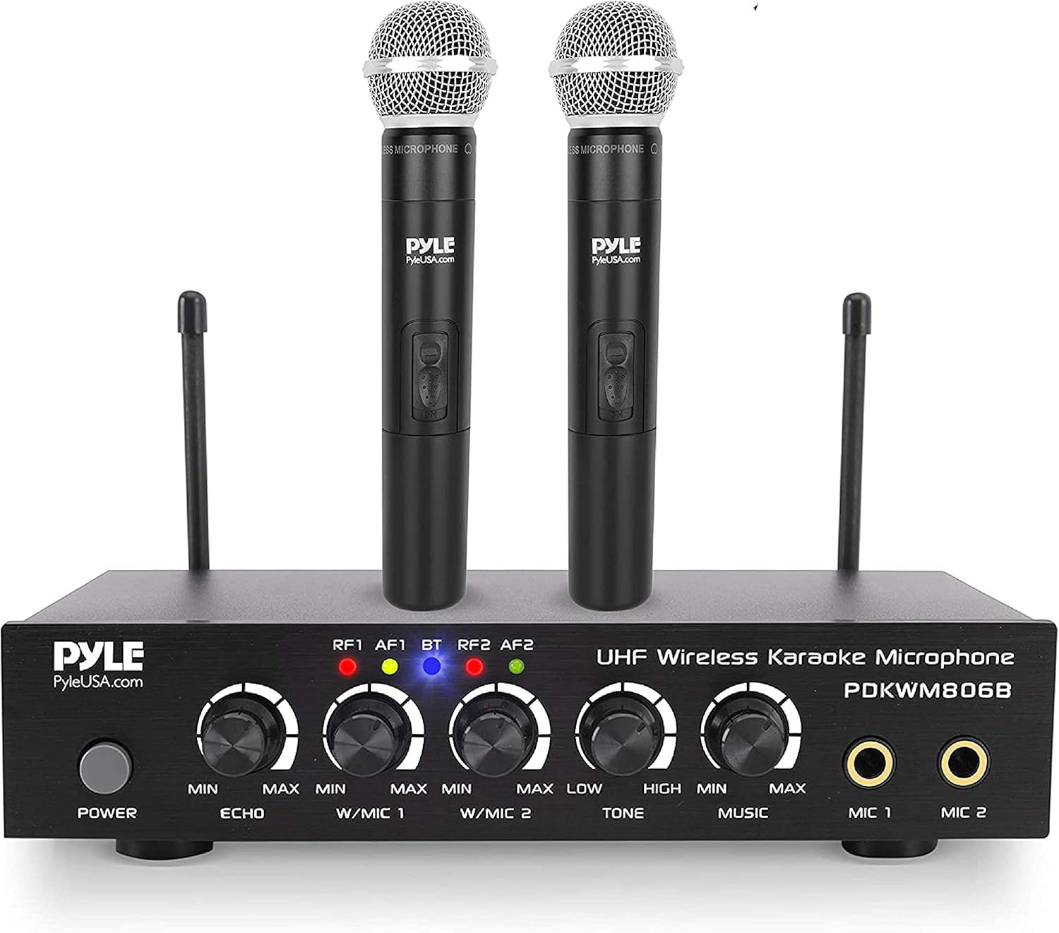 Portable UHF Wireless Microphone System - Battery Operated Dual Bluetooth Cordless Microphone Set, Includes 2 Handheld Transmitter Mic, Mixer Receiver, RCA, for PA Karaoke DJ Party - Pyle PDKWM806B