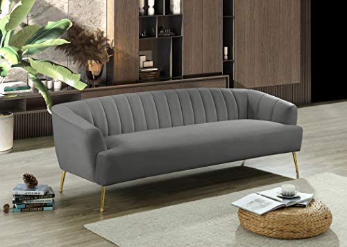 Meridian Furniture Tori Collection Modern | Contemporary Velvet Upholstered Sofa with Deep Channel Tufting and Ball Designed Custom Gold Legs, 84.50" W x 31.5" D x 29.75" H, Grey