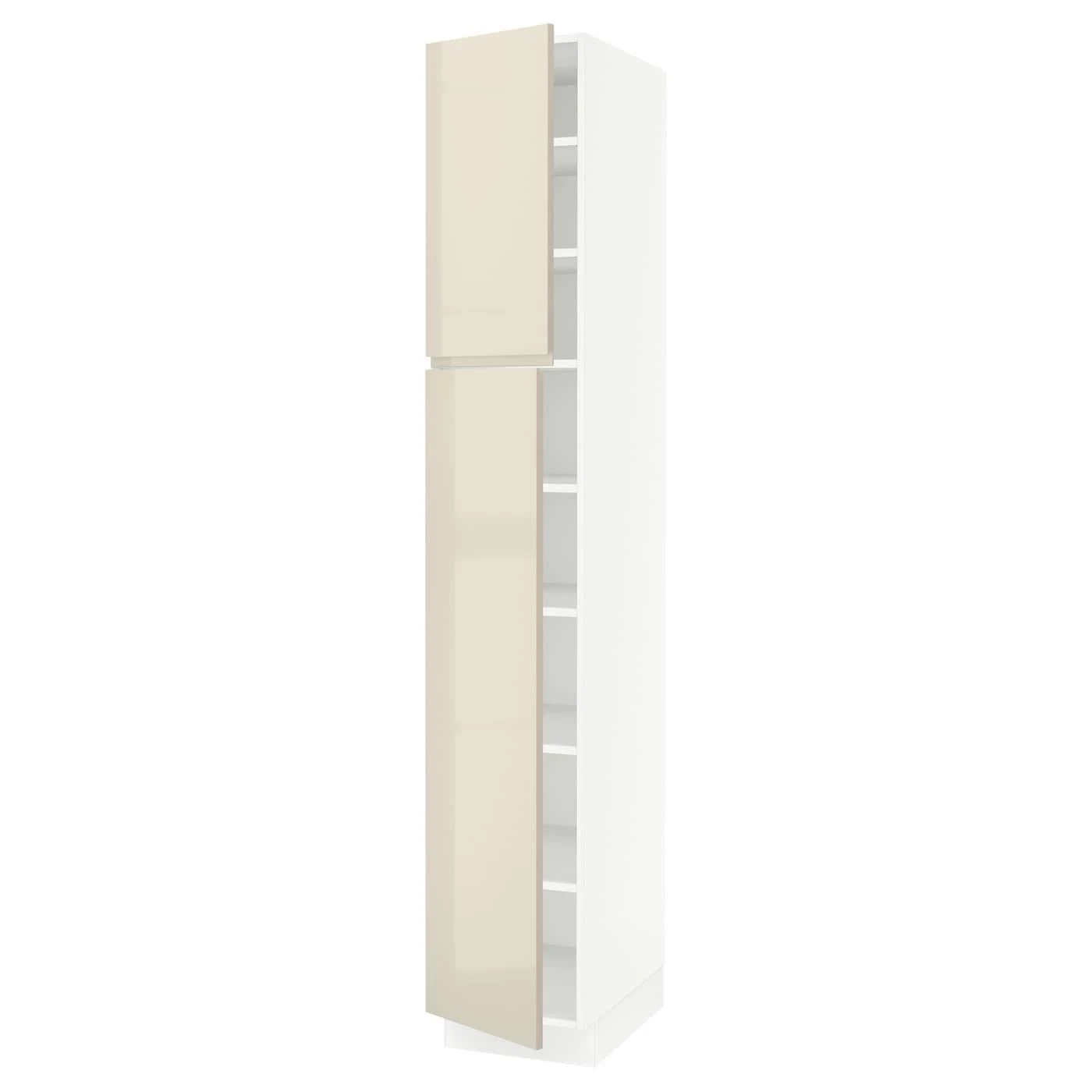 IKEA - SEKTION High Cabinet with shelves/2 Doors, white/Voxtorp High-Gloss Light Beige, 15x24x90 69381525