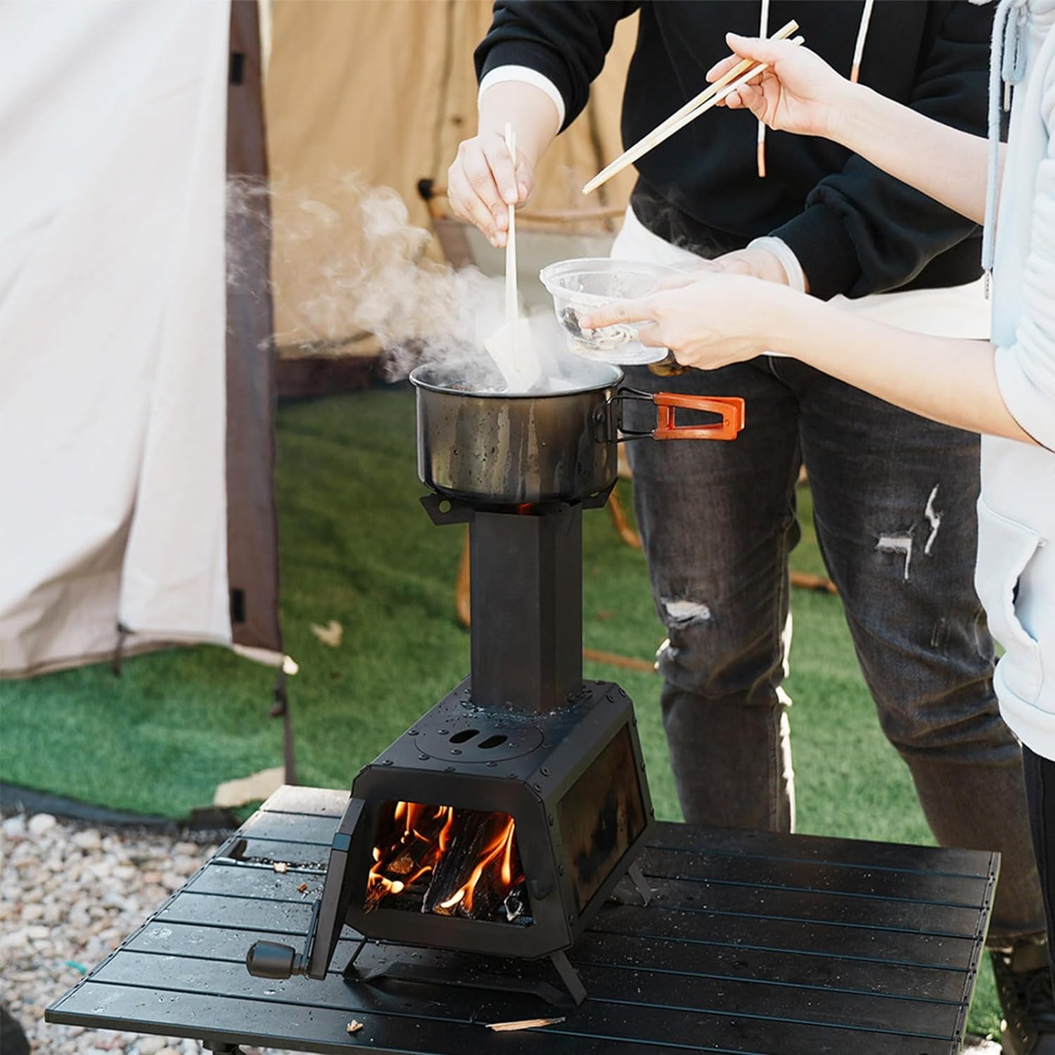 Wood Burning Stove with Fire Window,Portable Hot Tent Stove with 7 Sectional Chimney Pipes,Sturdy Camping Wood Stove with X-shaped Pot Holder for Outdoor Backpacking,Cookout,Hiking and Heating