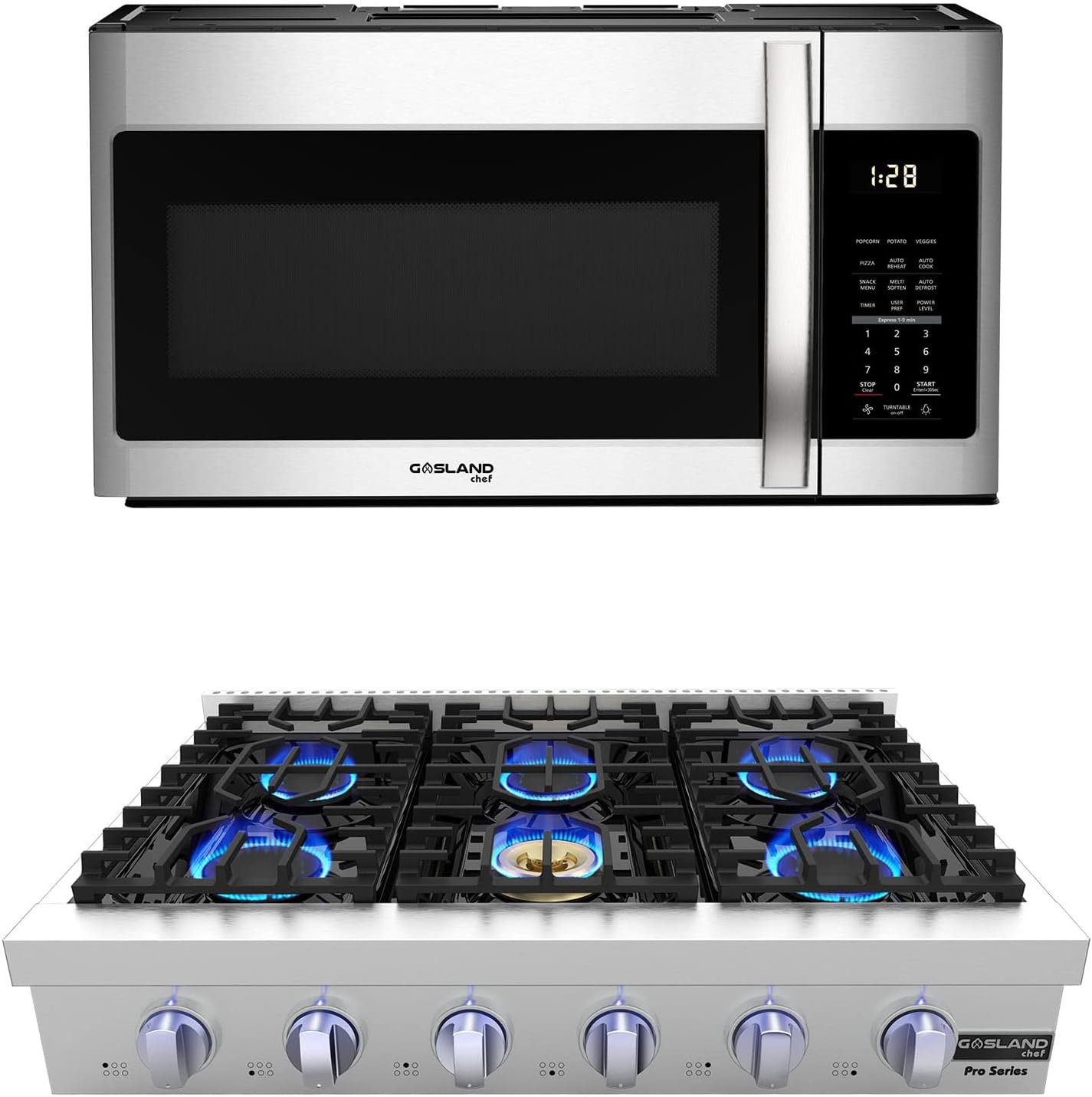 GASLAND Chef 30 Inch Over the Range Microwave Oven + 36 Inch Gas Rangetop