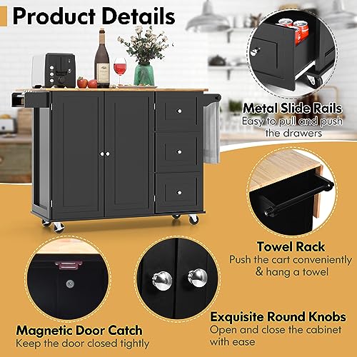 GOFLAME Kitchen Island Cart with Drop Leaf, Rolling Kitchen Cart on Wheels with Rubber Wood Top, 3 Drawers, Towel & Spice Rack, 2-Door Cabinet, Serving Trolley Cart for Kitchen Dining Room (White)