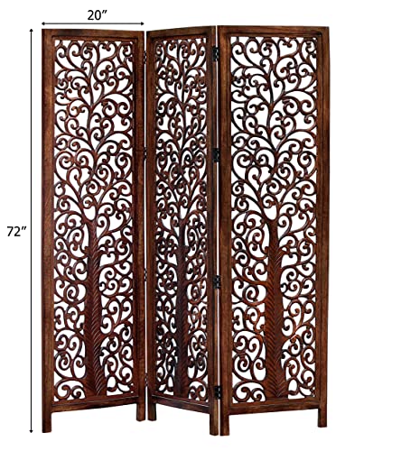 Room Divider Wood Screen - Ghanti Bells Antique Brown - 4 Panel Folding 72 x 80 - Assembled Hand Carved Decorative Functional Versatile Portable Partition Reversible Privacy Boho - COTTON CRAFT