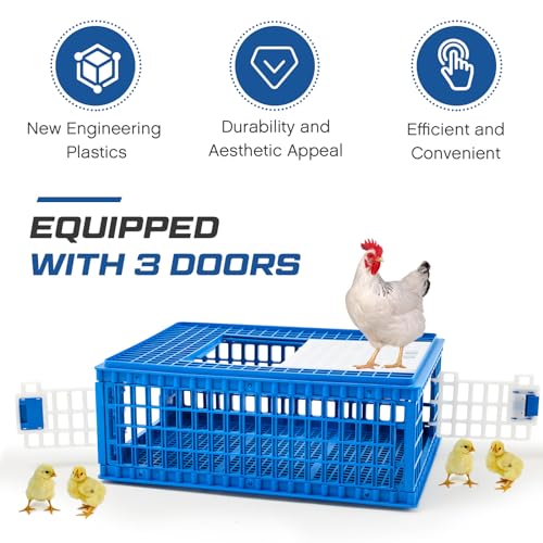 2 Pcs Poultry Carrier Crate 3 Door Chicken Transport Cage Plastic Poultry Carrier Basket Box for Chicken Duck Goose Birds, 29.53 x 21.65 x 11.42 Inch(Blue)