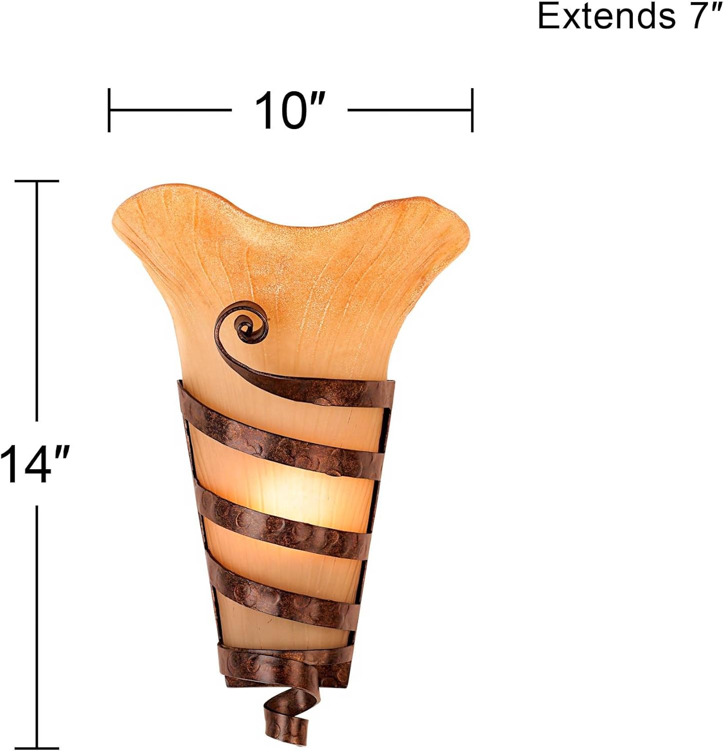 Franklin Iron Works Solara Farmhouse Rustic Wall Light Sconces Set of 2 Rust Hardwired 10" Fixture Iron Ribbon Scavo Art Glass for Bedroom Bedside Bathroom Vanity Living Room Hallway Dining House