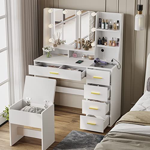 AOGLLATI Makeup Vanity Set with Lights, Vanity Desk with Mirror and Lights, White Vanity Table with Cushioned Stool, Makeup Desk with Charging Station, Visible Drawers, Open Storage Shelves